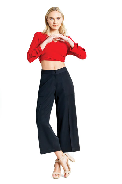 Woven Twill - Zip Closure Front Pocket Cropped Trouser - Black