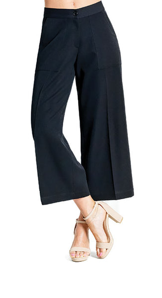 Woven Twill - Zip Closure Front Pocket Cropped Trouser - Black