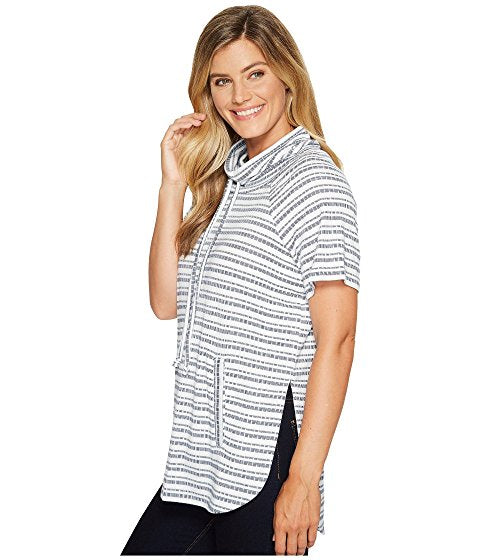 TWO by Vince Camuto Short Sleeve Variegated Stripe Rib Funnel Neck Pullover