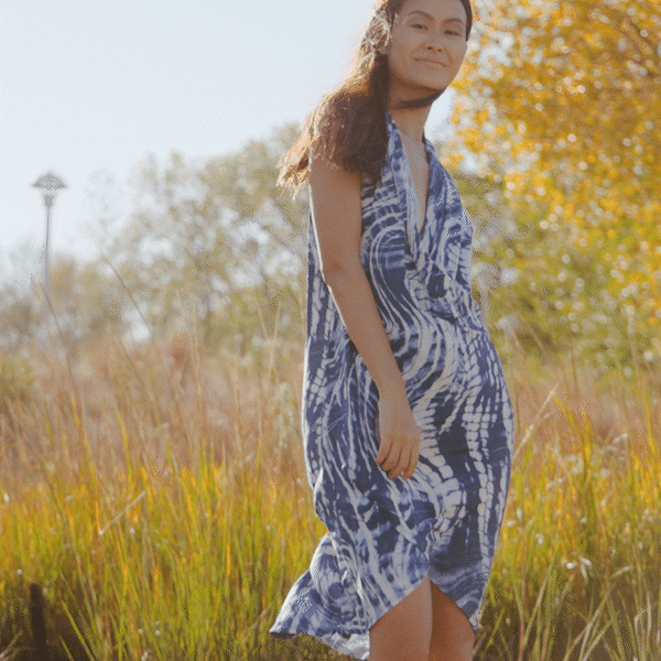 Crepe Knit - Crossover Tulip Hem Dress - Swirl Wave