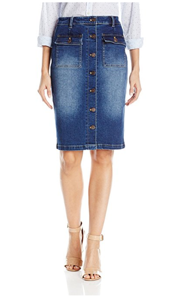 Tribal Stretch Denim Pencil Skirt w/ Buttons
