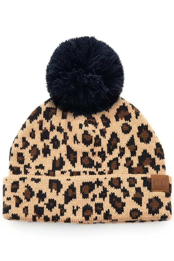 Leopard Beanie Hat with Pom Pom