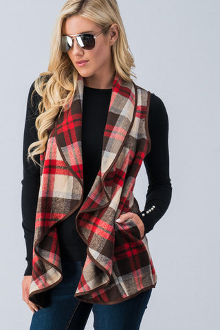 Plaid Waterfall Open Vest