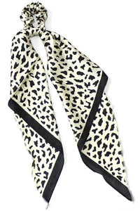 Leopard Print Scrunchie with Silk Scarf - White & Black