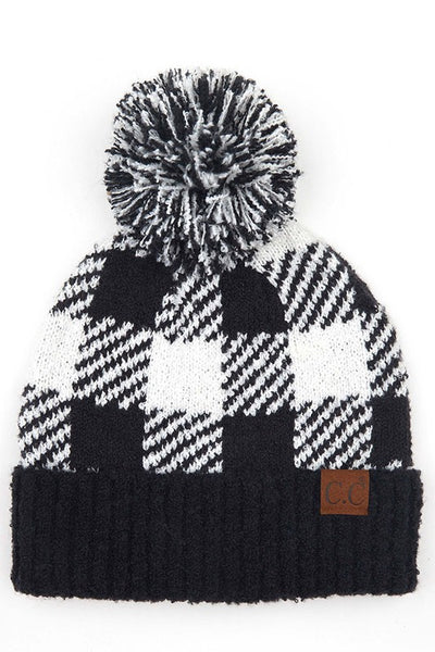 CC buffalo check jacquard kit hat with knit pom
