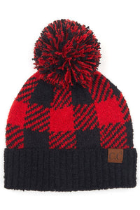 CC buffalo check jacquard kit hat with knit pom