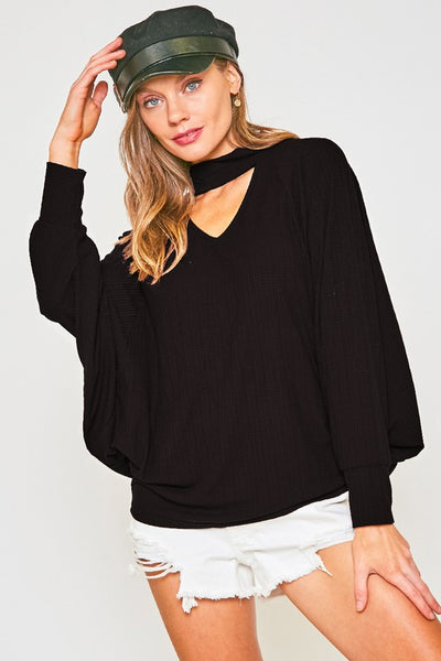 CUT OUT NECK TOP WITH BAT WING SLEEVES