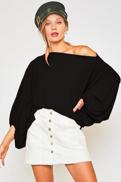 BOAT NECK BALLOON SLEEVES KNIT TOP