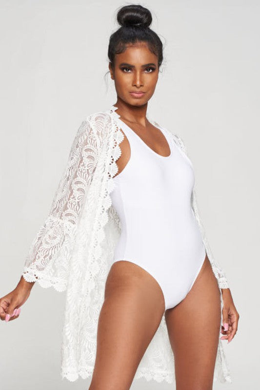 White Lace Coverup with Satin Ribbon Belt