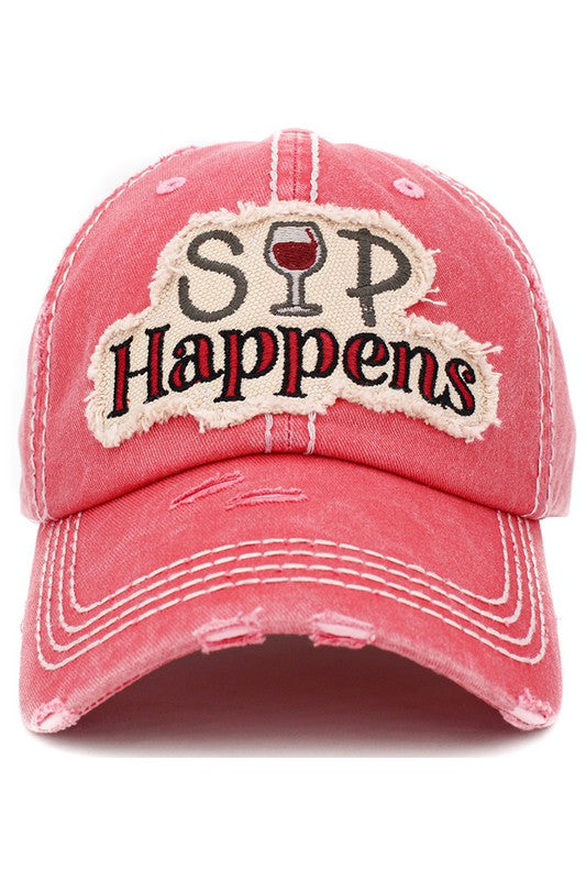 Distressed "Sip Happens"  Baseball Cap