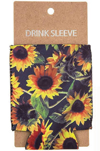 SUNFLOWER AND LEAVES PRINT DRINK SLEEVE.
