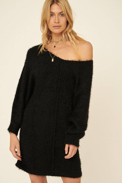 Fuzzy Knit Loose Sweater Mini Dress