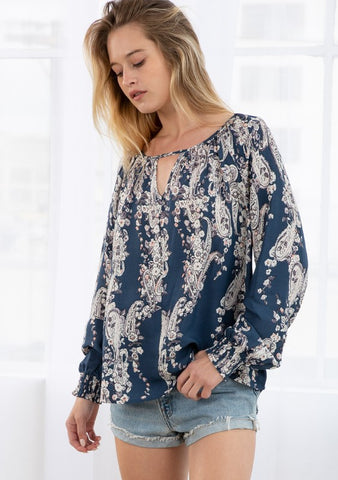 Navy Floral Print Blouson Sleeve Blouse