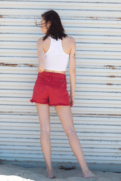 Flame Red High Rise Distressed Shorts