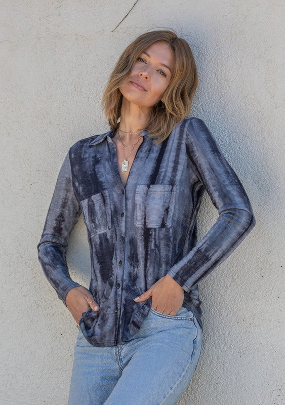 Tie Dye Button Front Knit Long Sleeve Top