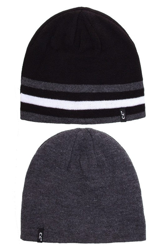 Solid Striped Trim REVERSIBLE  Beanie