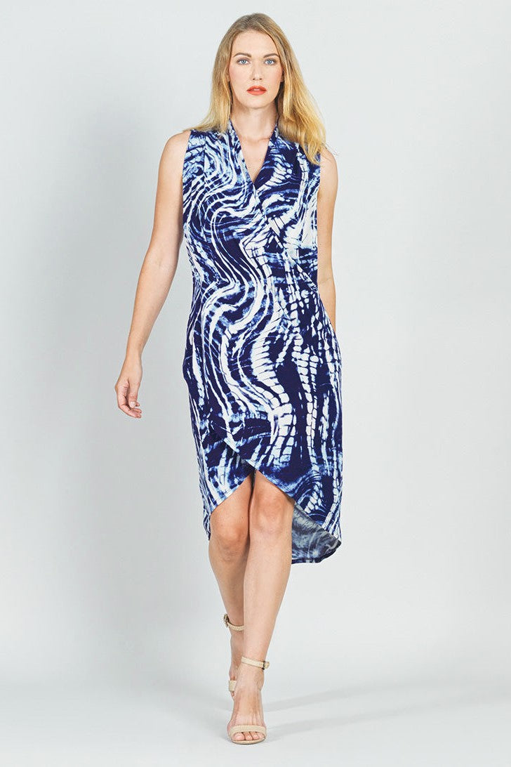 Crepe Knit - Crossover Tulip Hem Dress - Swirl Wave XS Crepe Knit - Crossover Tulip Hem Dress - Swirl Wave XS