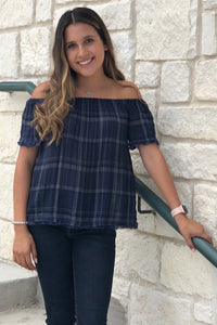 Off The Shoulder Plaid Raw Edge Top