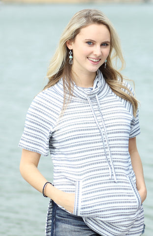 TWO by Vince Camuto Short Sleeve Variegated Stripe Rib Funnel Neck Pullover