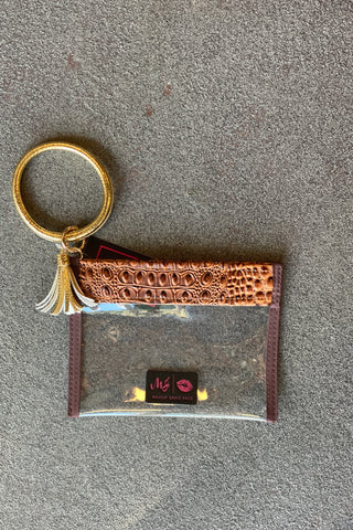 Makeup Junkie In The Clear Bubble Gator Cognac Wristlet