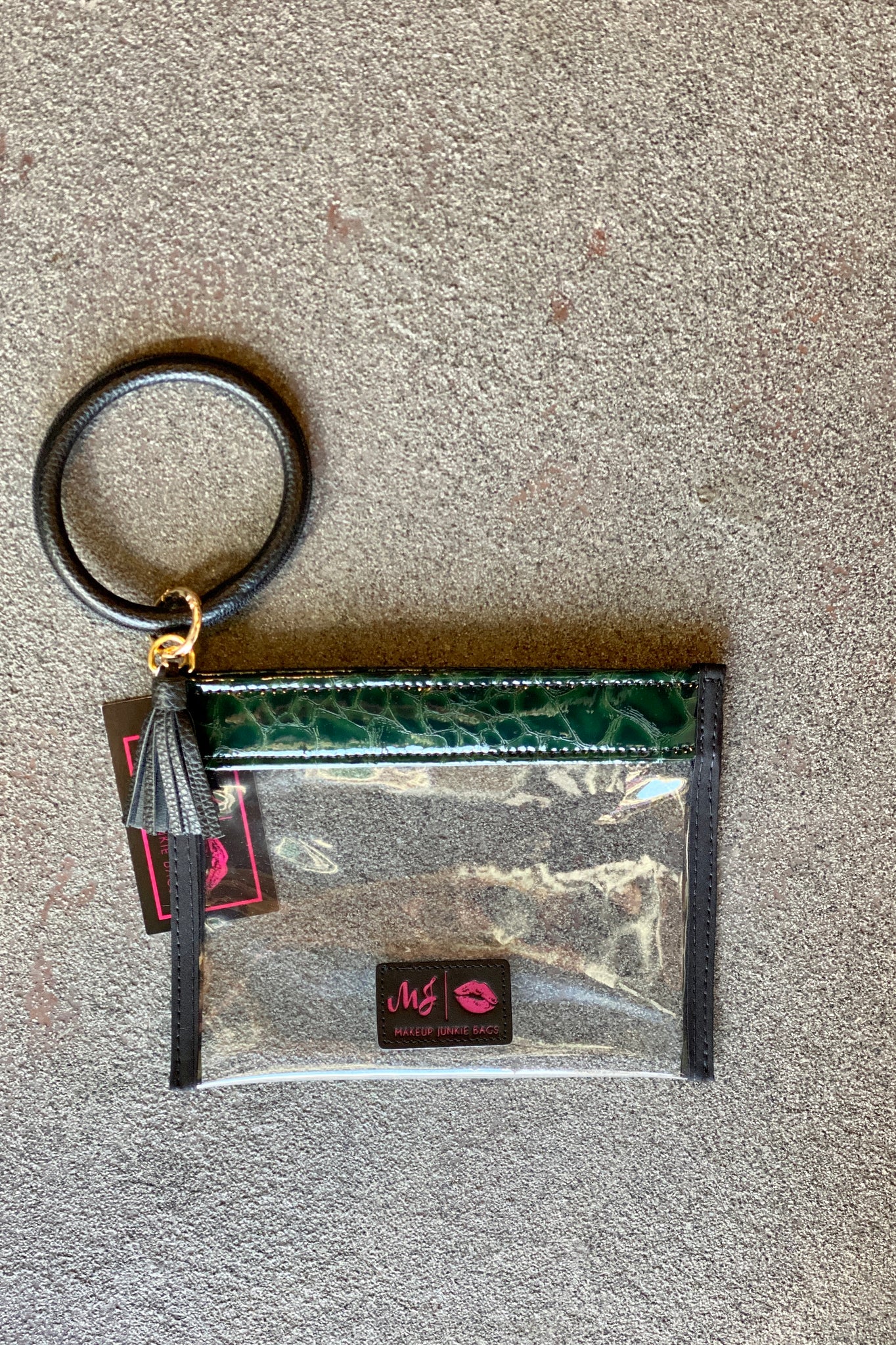 Makeup Junkie In The Clear Emerald Green Gator Wristlet