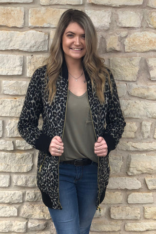 Leopard Print Long line Bomber Jacket