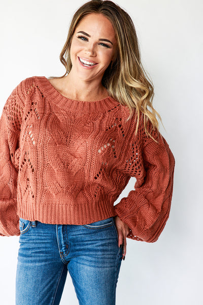 CABLE KNIT BALLOON SLEEVE SWEATER
