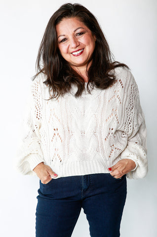 CABLE KNIT BALLOON SLEEVE SWEATER