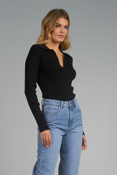 Collared Sweater Bodysuit - Black