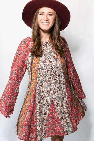 Vintage Bohemian Floral Bell Sleeve Mini Dress