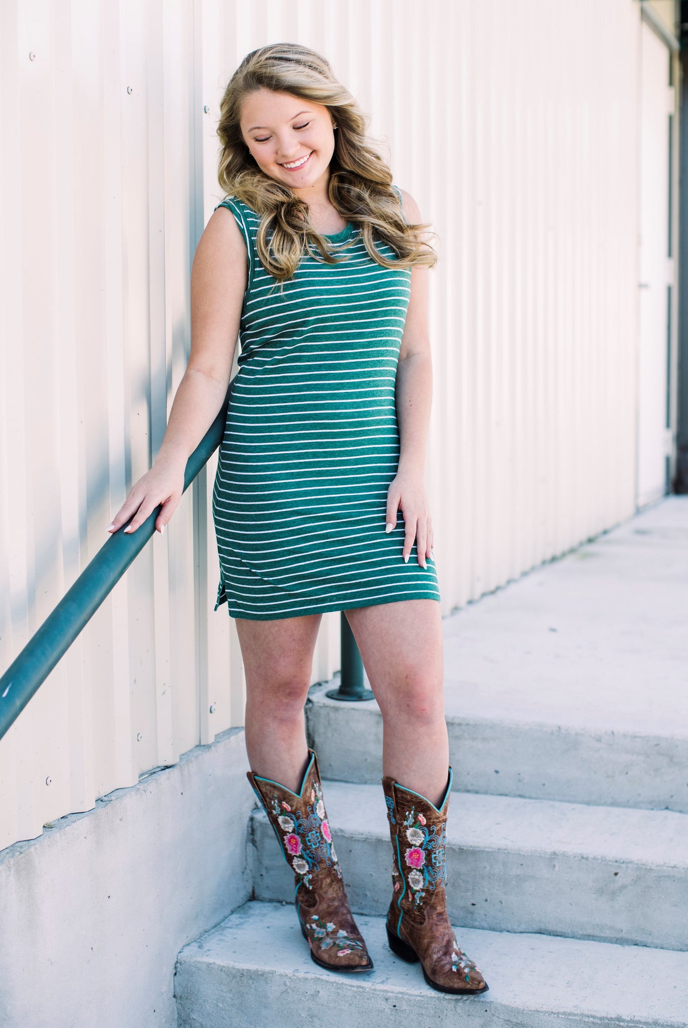 Striped Shirt Dress - Hunter Green The Market Place Striped Shirt Dress - Hunter Green The Market Place