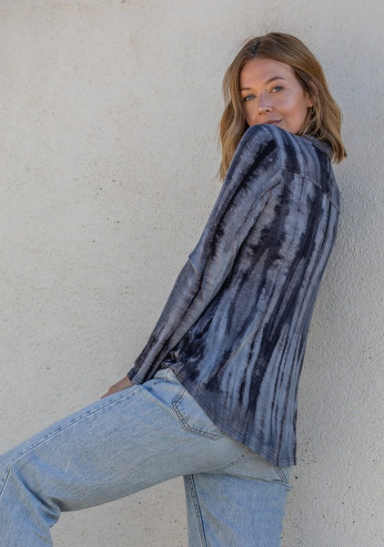 Tie Dye Button Front Knit Long Sleeve Top