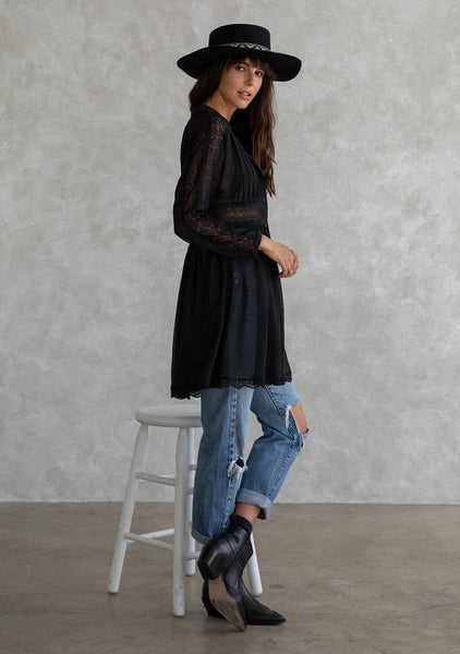 Bohemian Lace Detail Long Sleeve Collared Dress