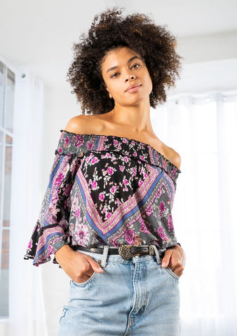 Geometric Floral Print Off Shoulder Smocked Top