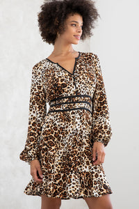 Leopard Print Long Sleeve Peasant Mini Dress
