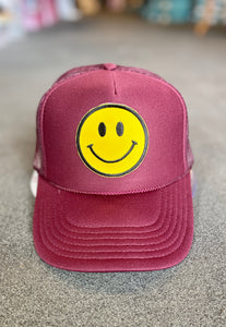 Smile Emoji Trucker Hat-Maroon