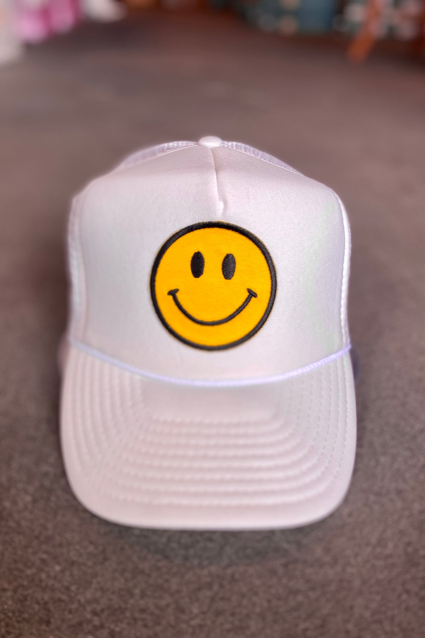 Smile Emoji Trucker Hat-White