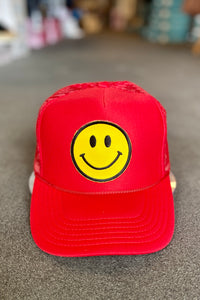 Smile Emoji Trucker Hat-Red