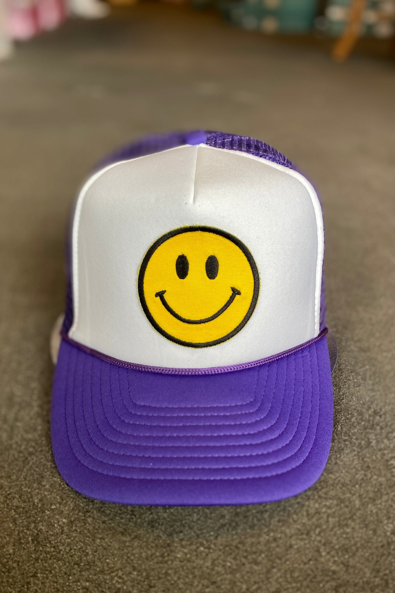 Smile Emoji Trucker Hat-Purple & White